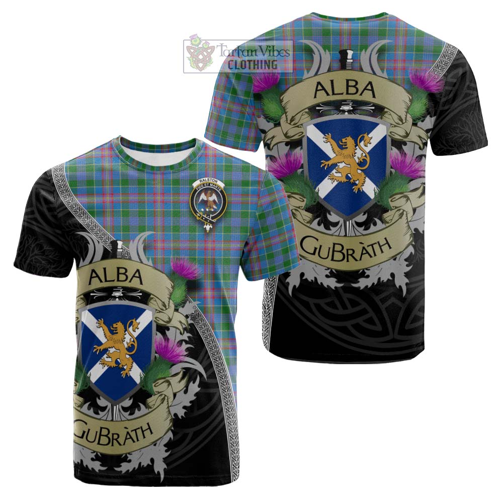 Tartan Vibes Clothing Ralston Tartan Family Crest Cotton T-shirt Lion Rampant Royal Thistle Shield Celtic Inspired
