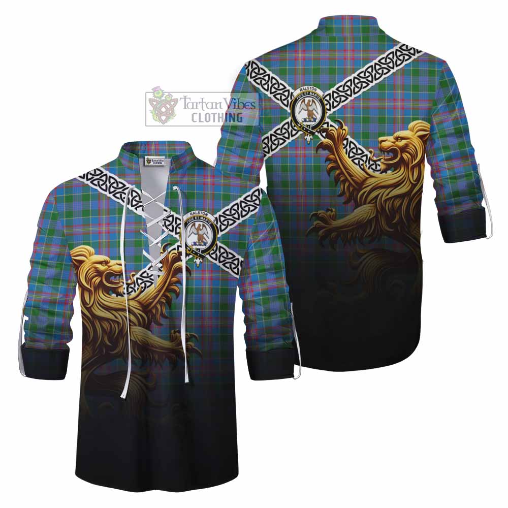 Tartan Vibes Clothing Ralston Crest Tartan Ghillie Kilt Shirt with Golden Lion Emblem Celtic Style