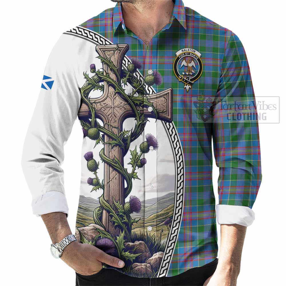 Tartan Vibes Clothing Ralston Tartan Long Sleeve Button Shirt with Family Crest and St. Andrew&#39;s Cross Accented by Thistle Vines
