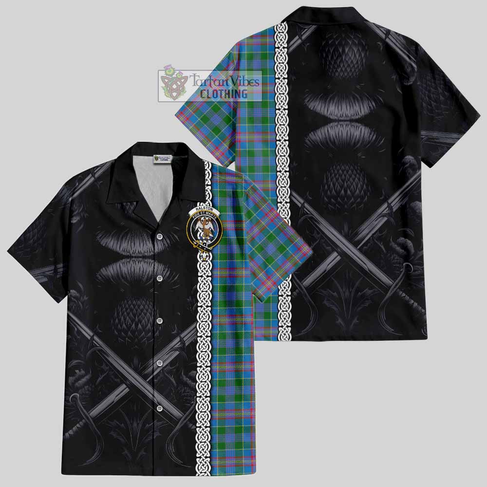 Tartan Vibes Clothing Ralston Tartan Short Sleeve Button Shirt with Family Crest Cross Sword Thistle Celtic Vibes