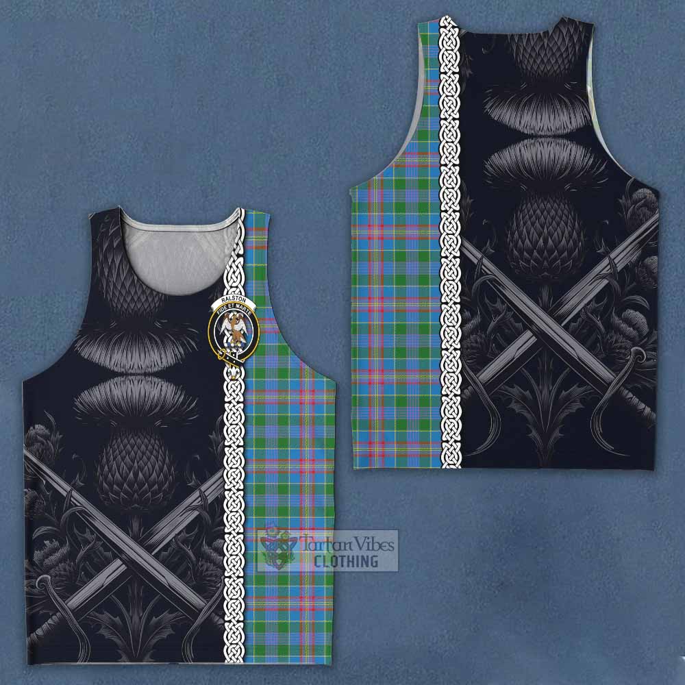 Tartan Vibes Clothing Ralston Tartan Men's Tank Top with Family Crest Cross Sword Thistle Celtic Vibes
