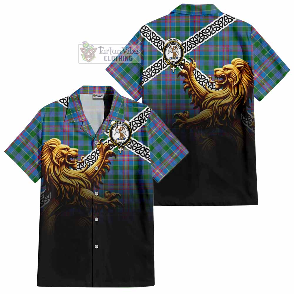 Tartan Vibes Clothing Ralston Crest Tartan Short Sleeve Button Shirt with Golden Lion Emblem Celtic Style