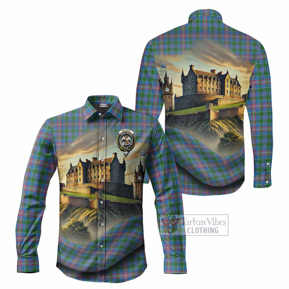Tartan Vibes Clothing Ralston Tartan Family Crest Long Sleeve Button Shirt with Scottish Ancient Castle Style