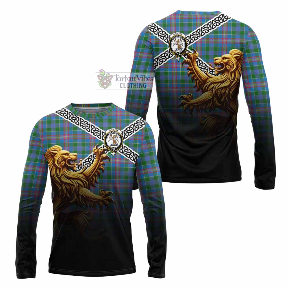 Tartan Vibes Clothing Ralston Crest Tartan Long Sleeve T-Shirt with Golden Lion Emblem Celtic Style
