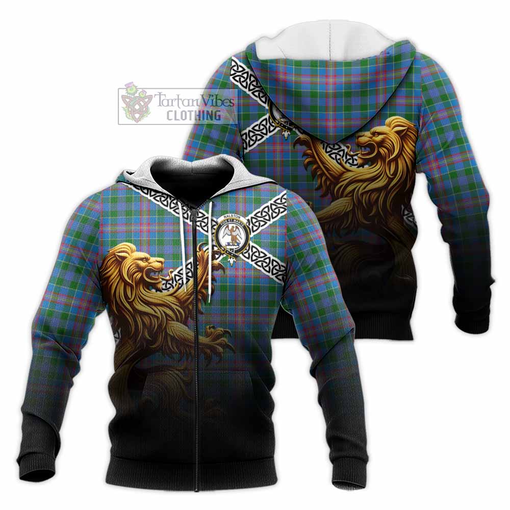 Tartan Vibes Clothing Ralston Crest Tartan Knitted Hoodie with Golden Lion Emblem Celtic Style