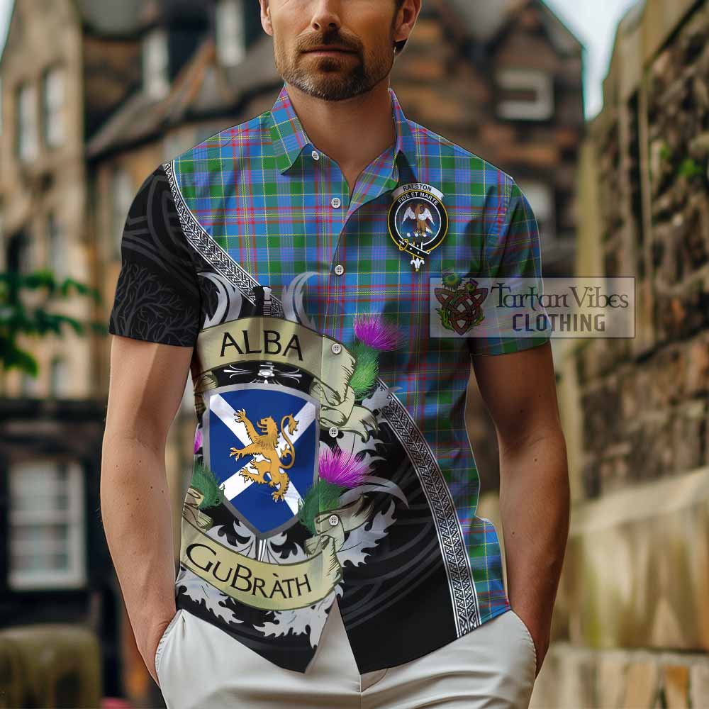 Tartan Vibes Clothing Ralston Tartan Family Crest Short Sleeve Button Shirt Lion Rampant Royal Thistle Shield Celtic Inspired