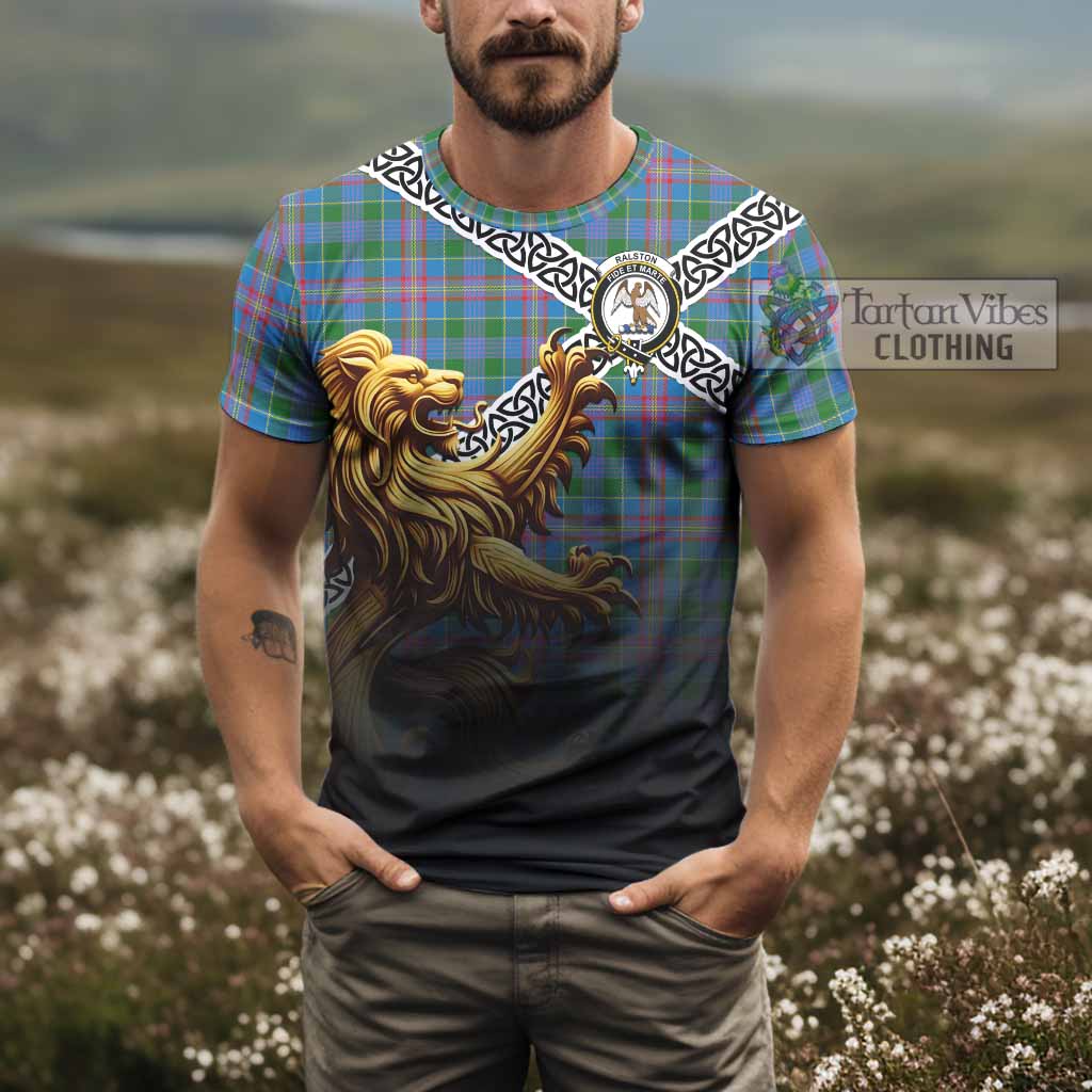 Tartan Vibes Clothing Ralston Crest Tartan T-Shirt with Golden Lion Emblem Celtic Style