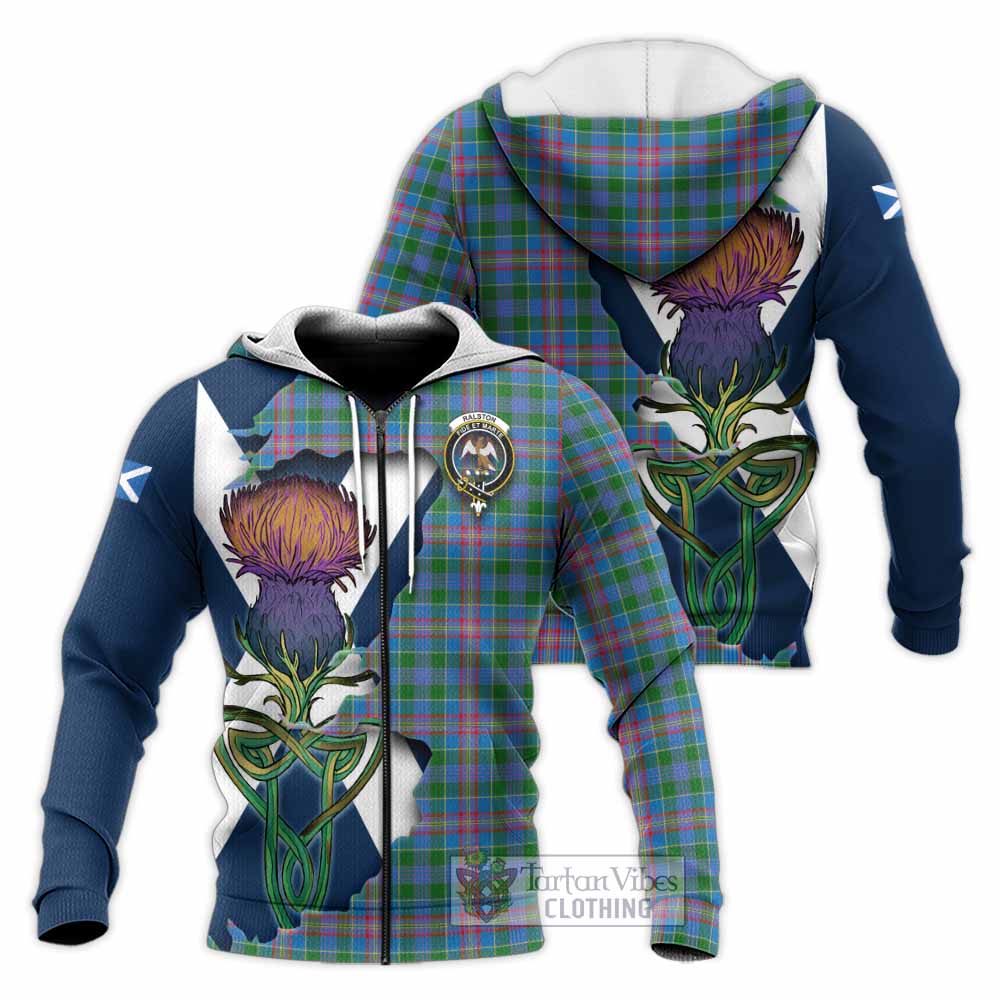 Tartan Vibes Clothing Ralston Tartan Family Crest Knitted Hoodie Scottish Thistle Celtic Inspired