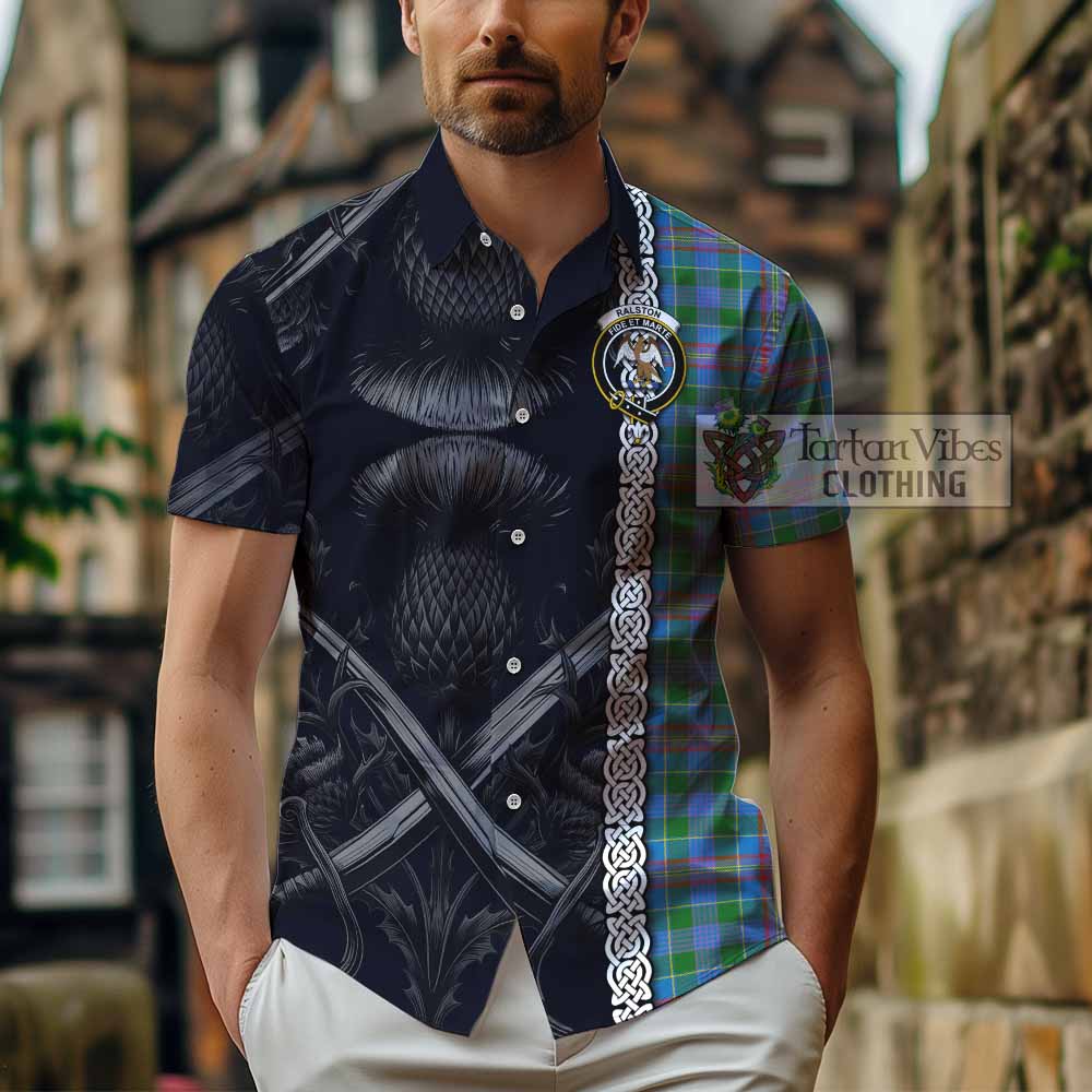 Tartan Vibes Clothing Ralston Tartan Short Sleeve Button Shirt with Family Crest Cross Sword Thistle Celtic Vibes