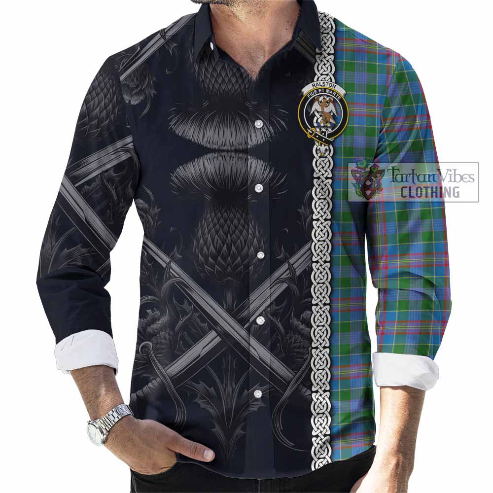 Tartan Vibes Clothing Ralston Tartan Long Sleeve Button Shirt with Family Crest Cross Sword Thistle Celtic Vibes