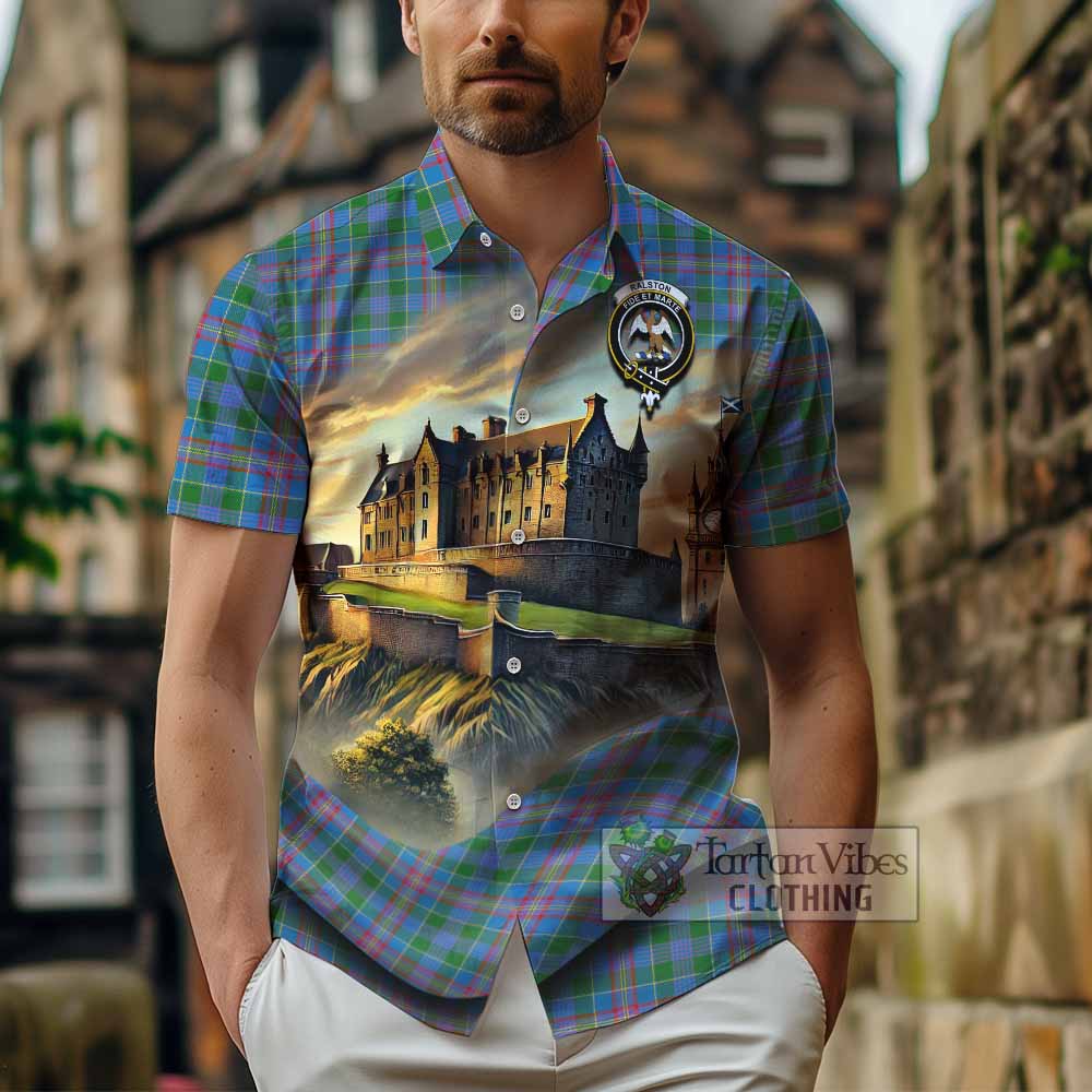 Tartan Vibes Clothing Ralston Tartan Family Crest Short Sleeve Button Shirt with Scottish Ancient Castle Style