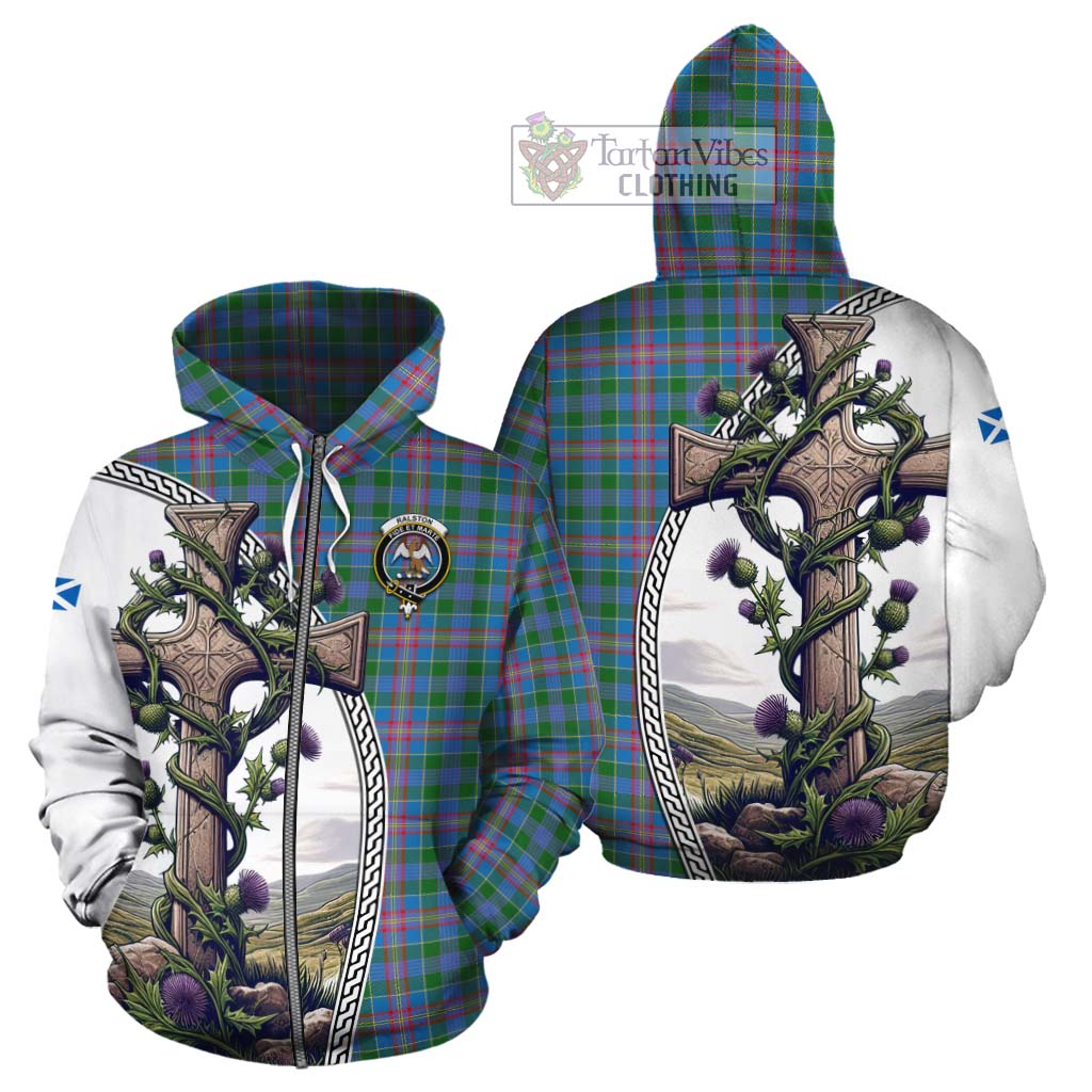 Tartan Vibes Clothing Ralston Tartan Cotton Hoodie with Family Crest and St. Andrew's Cross Accented by Thistle Vines