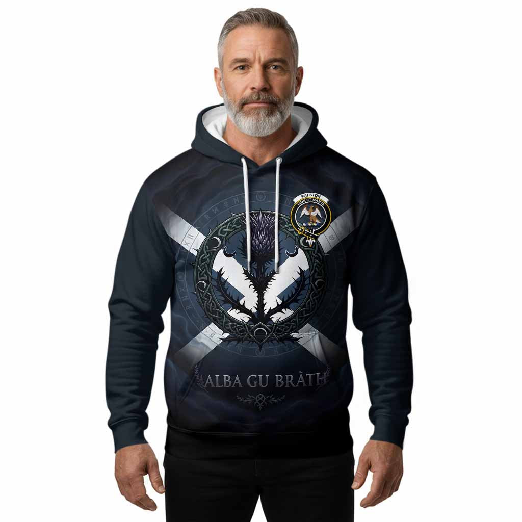 Ralston Clan Crest Hoodie with Celtic Knot Thistle and Saltire