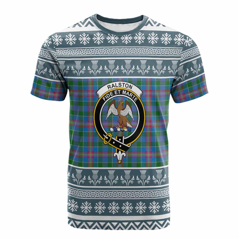 Ralston Clan Tartan Christmas Cotton T-shirt with Family Crest - Tartan Vibes Clothing