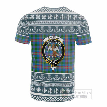 Ralston Clan Tartan Christmas Cotton T-shirt with Family Crest