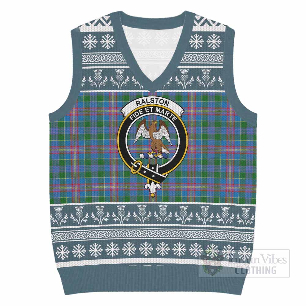 Ralston Clan Tartan Christmas Knitted V-Neck Vest with Family Crest - Tartan Vibes Clothing