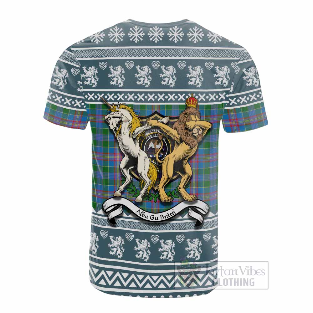 Ralston Clan Tartan Crest Christmas Cotton T-shirt Coat of Arms Funny Style - Tartan Vibes Clothing