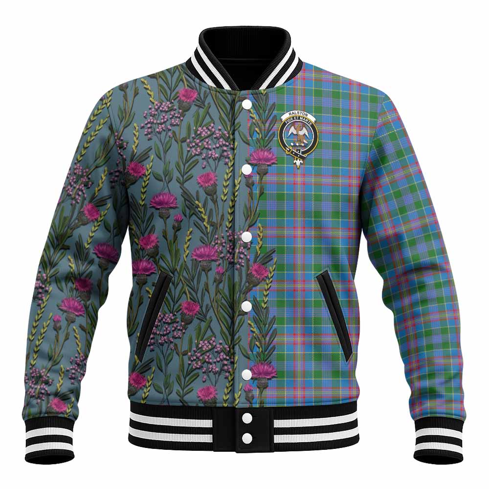 Ralston Family Crest Tartan Baseball Jacket Scottish Thistle Flower Pattern Half Style - Tartan Vibes Clothing