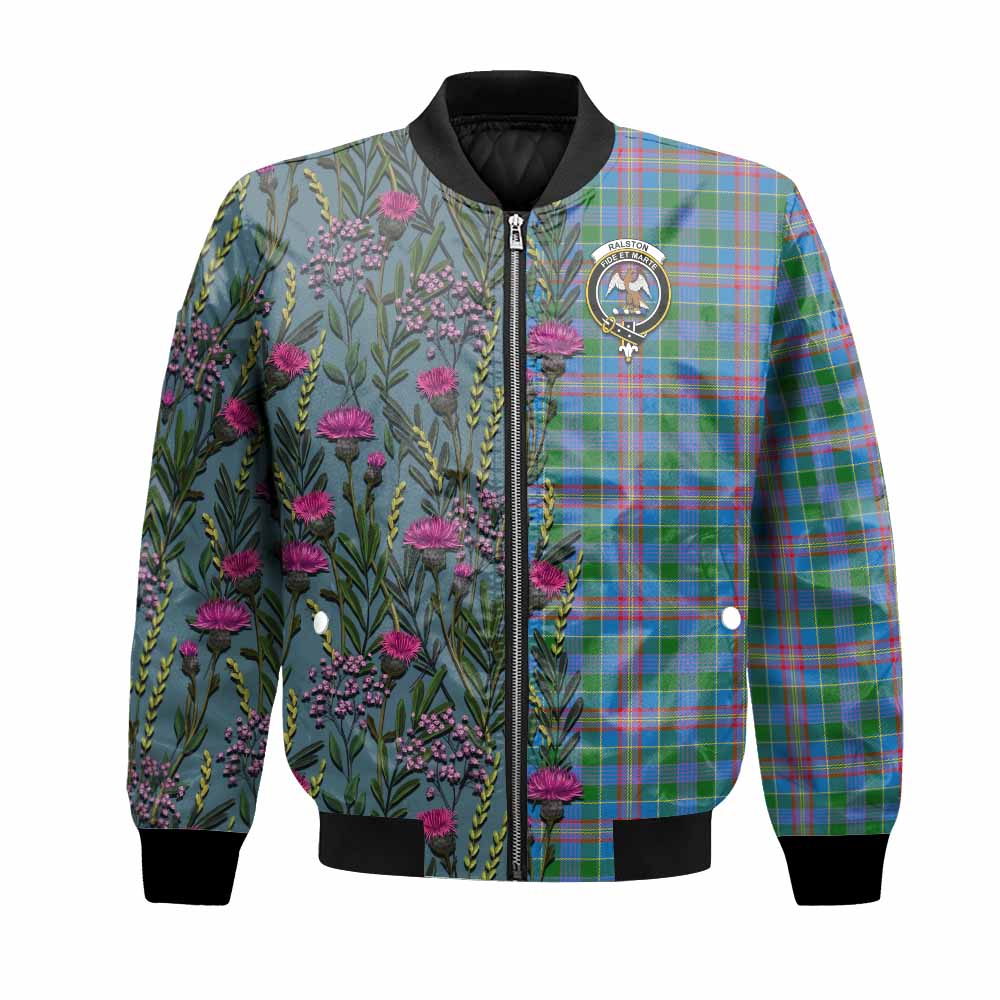Ralston Family Crest Tartan Bomber Jacket Scottish Thistle Flower Pattern Half Style - Tartan Vibes Clothing