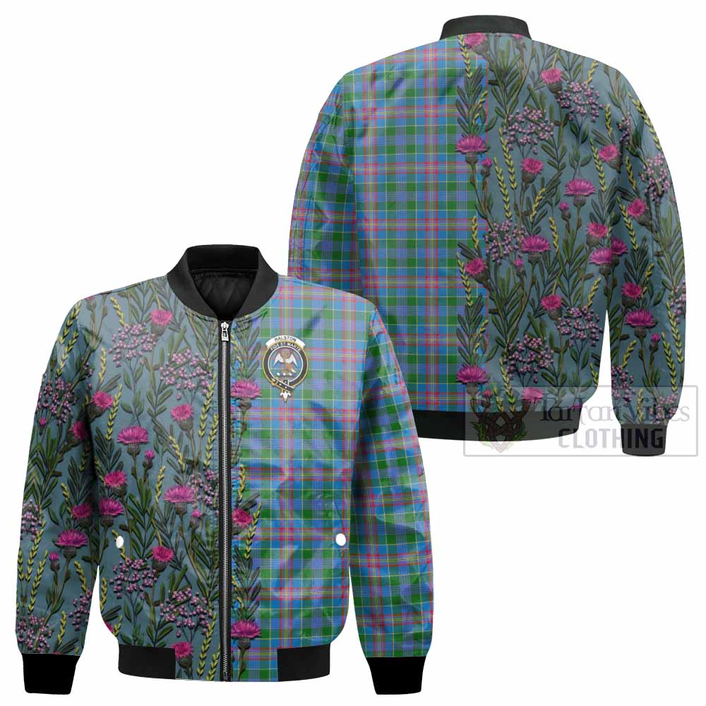 Ralston Family Crest Tartan Bomber Jacket Scottish Thistle Flower Pattern Half Style - Tartan Vibes Clothing