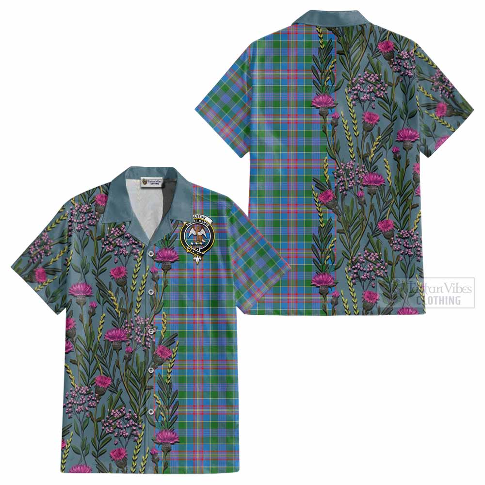 Ralston Family Crest Tartan Cotton Hawaiian Shirt Scottish Thistle Flower Pattern Half Style - Tartan Vibes Clothing