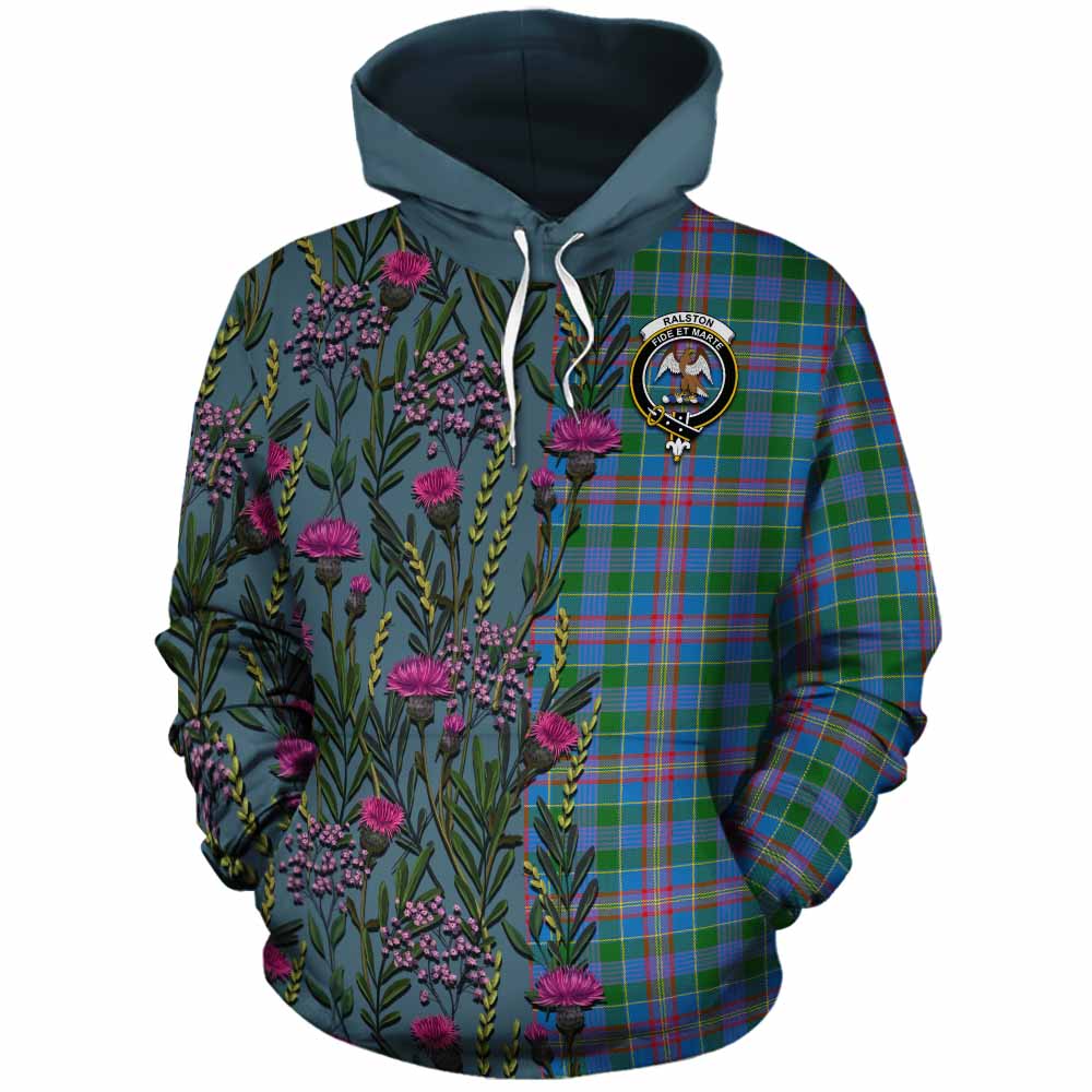 Ralston Family Crest Tartan Cotton Hoodie Scottish Thistle Flower Pattern Half Style - Tartan Vibes Clothing