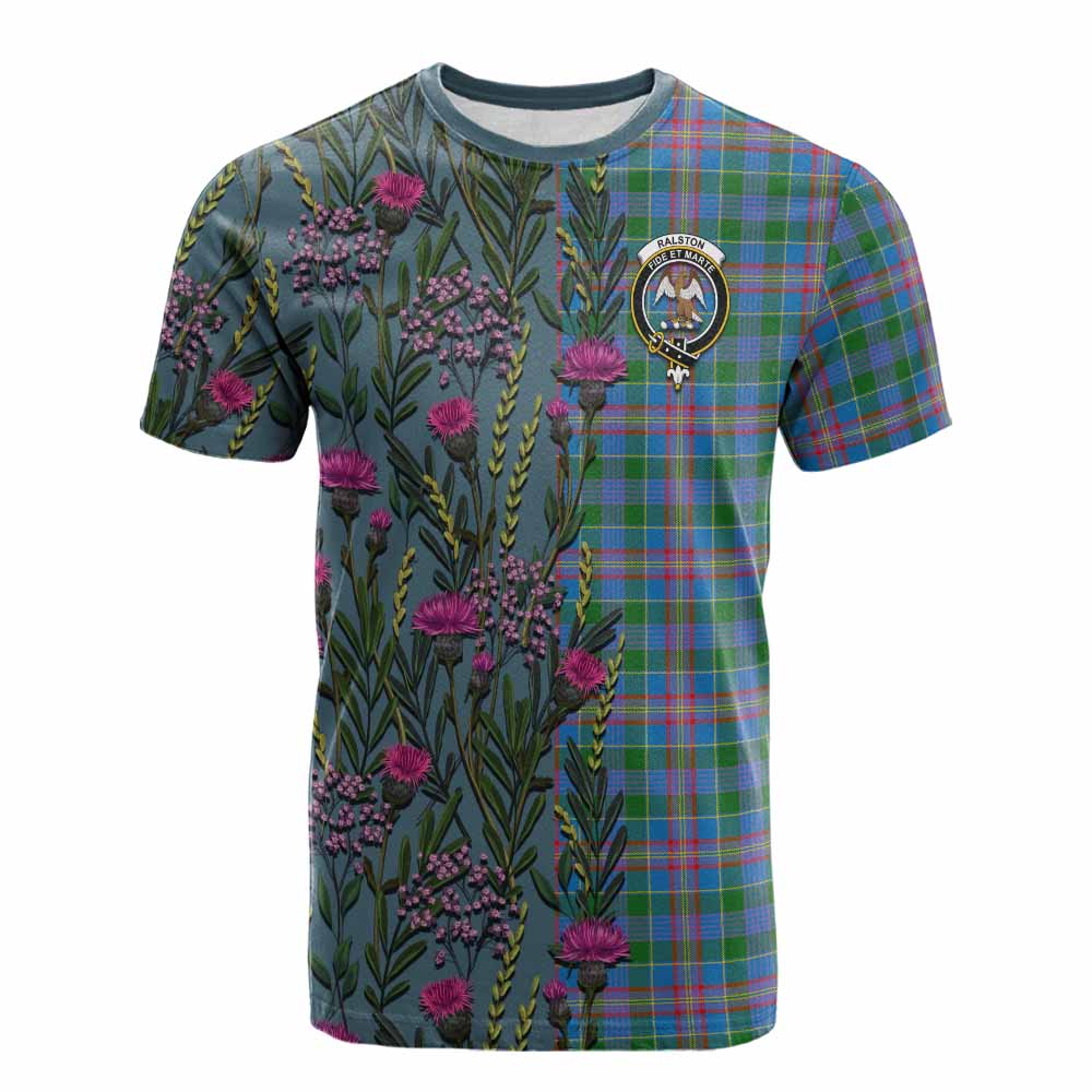 Ralston Family Crest Tartan Cotton T-shirt Scottish Thistle Flower Pattern Half Style - Tartan Vibes Clothing