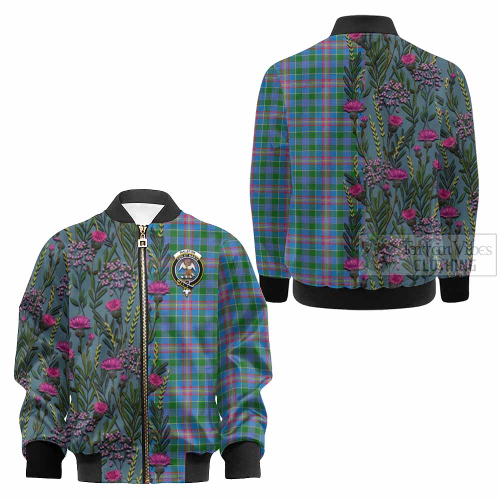 Ralston Family Crest Tartan Kid Bomber Jacket Scottish Thistle Flower Pattern Half Style - Tartan Vibes Clothing