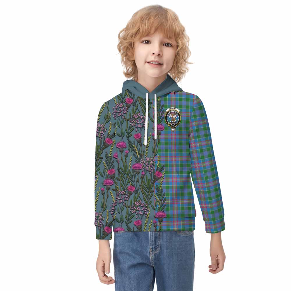 Ralston Family Crest Tartan Kid Hoodie Scottish Thistle Flower Pattern Half Style - Tartan Vibes Clothing