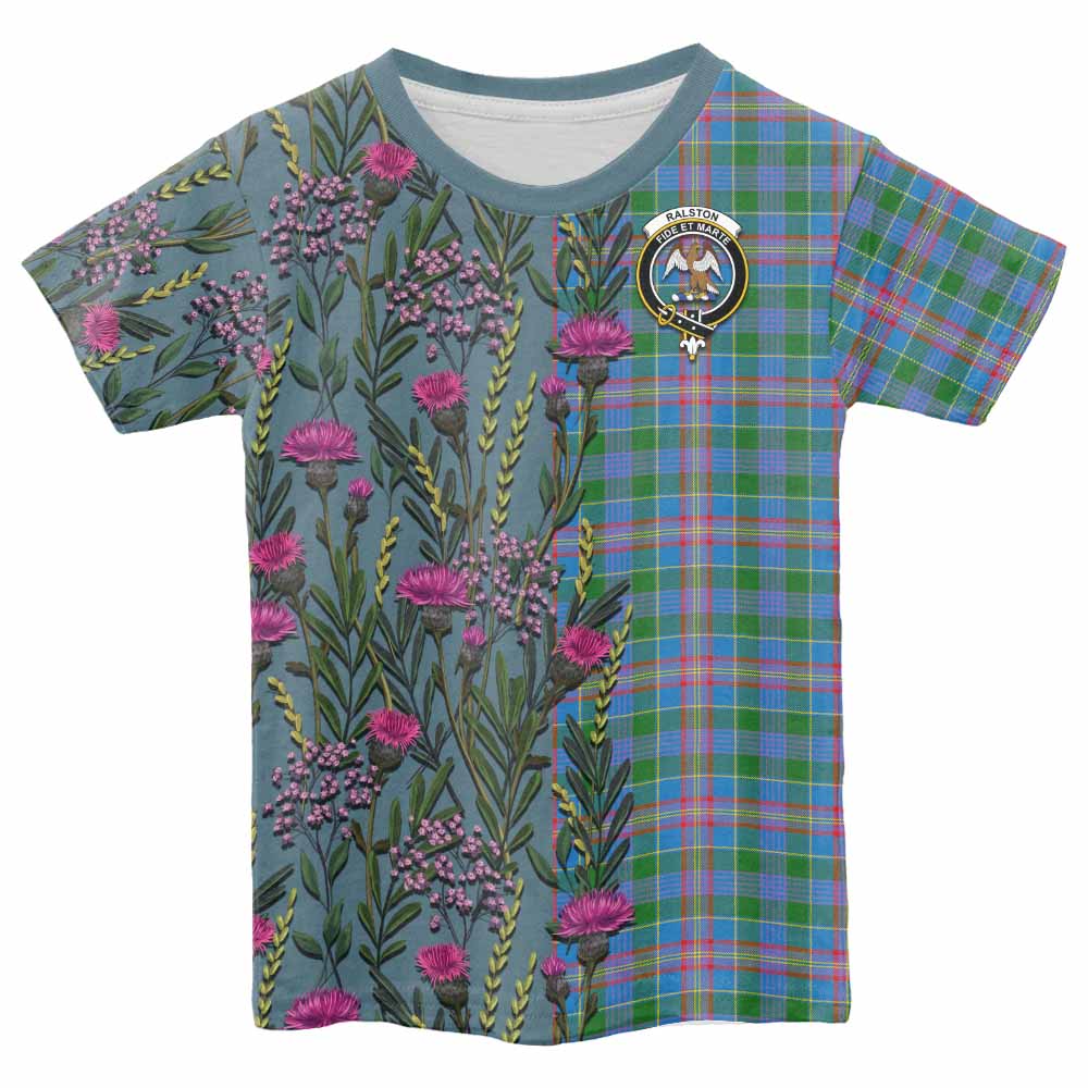 Ralston Family Crest Tartan Kid T-shirt Scottish Thistle Flower Pattern Half Style - Tartan Vibes Clothing