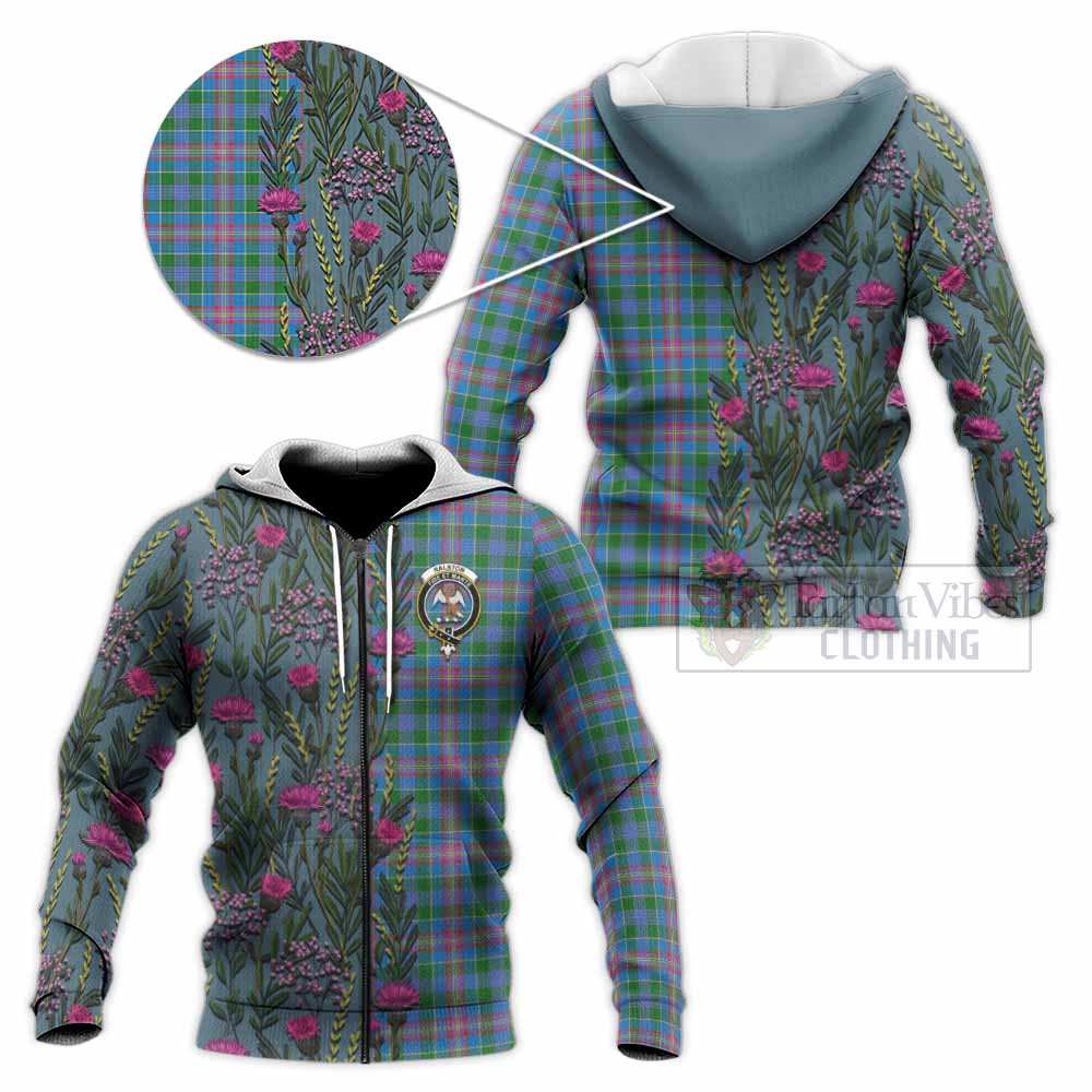 Ralston Family Crest Tartan Knitted Hoodie Scottish Thistle Flower Pattern Half Style - Tartan Vibes Clothing