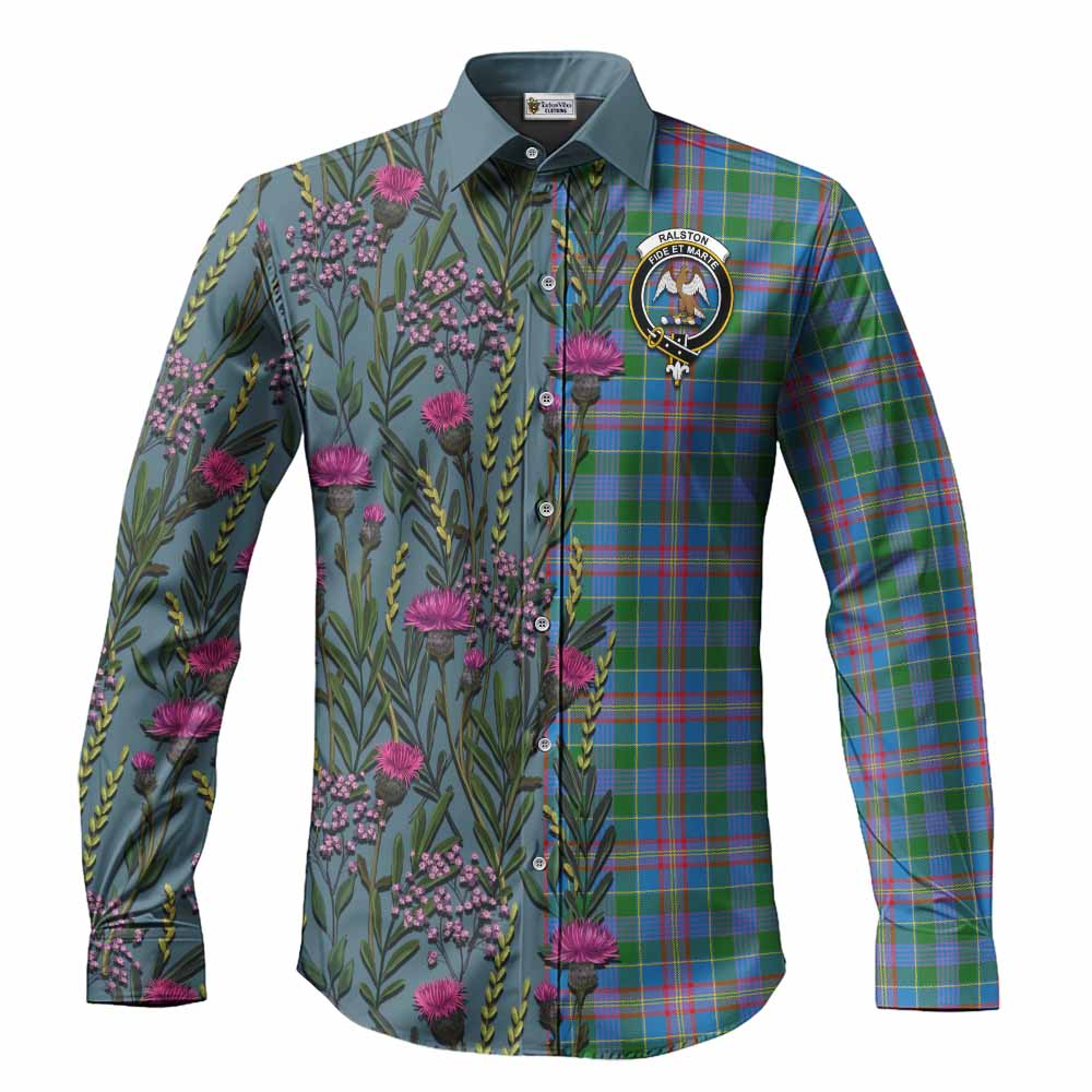 Ralston Family Crest Tartan Long Sleeve Button Shirts Scottish Thistle Flower Pattern Half Style - Tartan Vibes Clothing