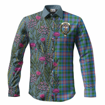 Ralston Family Crest Tartan Long Sleeve Button Shirts Scottish Thistle Flower Pattern Half Style