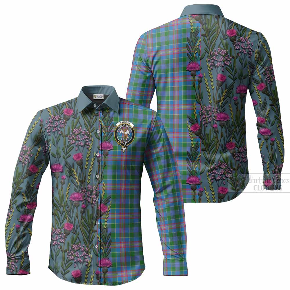 Ralston Family Crest Tartan Long Sleeve Button Shirts Scottish Thistle Flower Pattern Half Style - Tartan Vibes Clothing