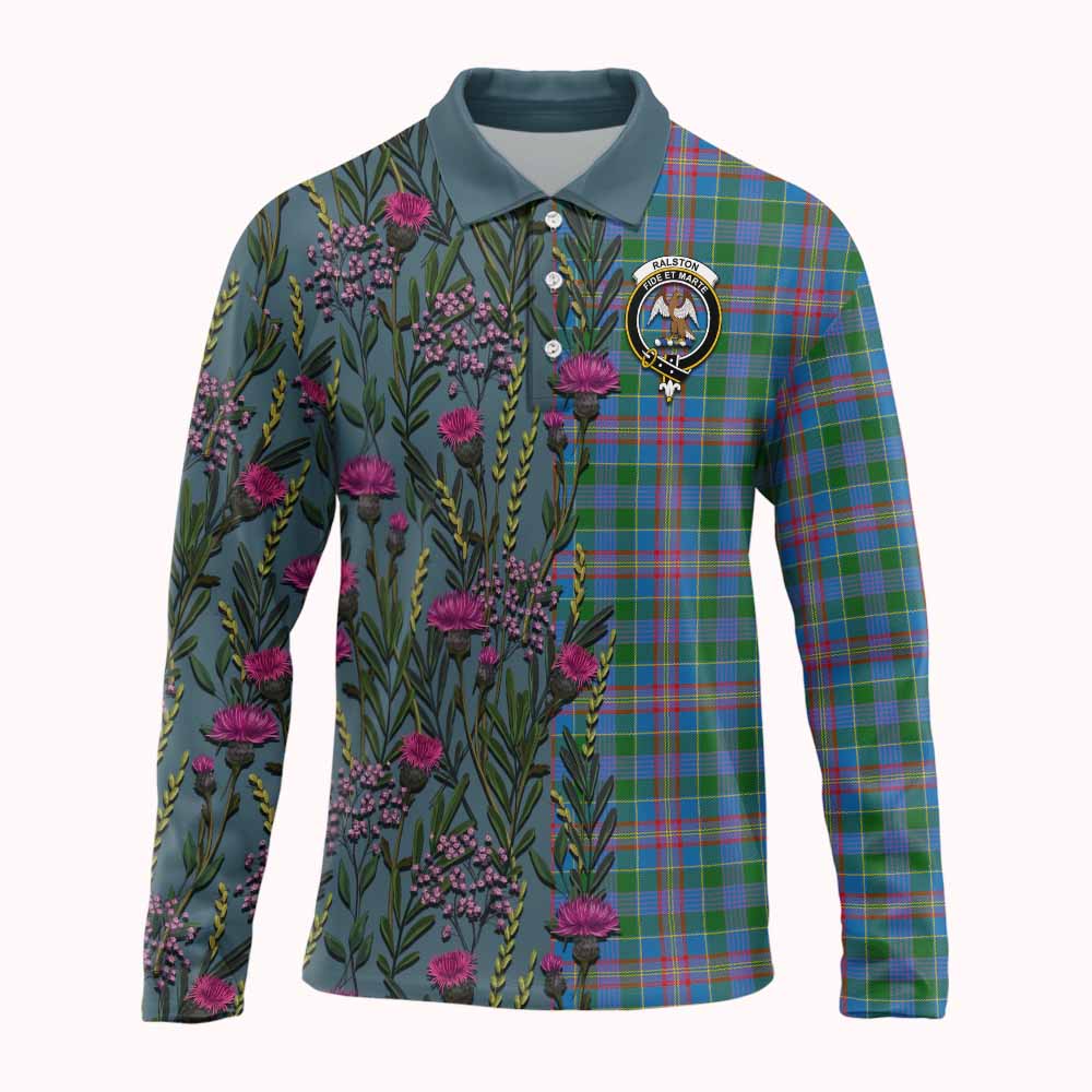Ralston Family Crest Tartan Long Sleeve Polo Shirt Scottish Thistle Flower Pattern Half Style - Tartan Vibes Clothing