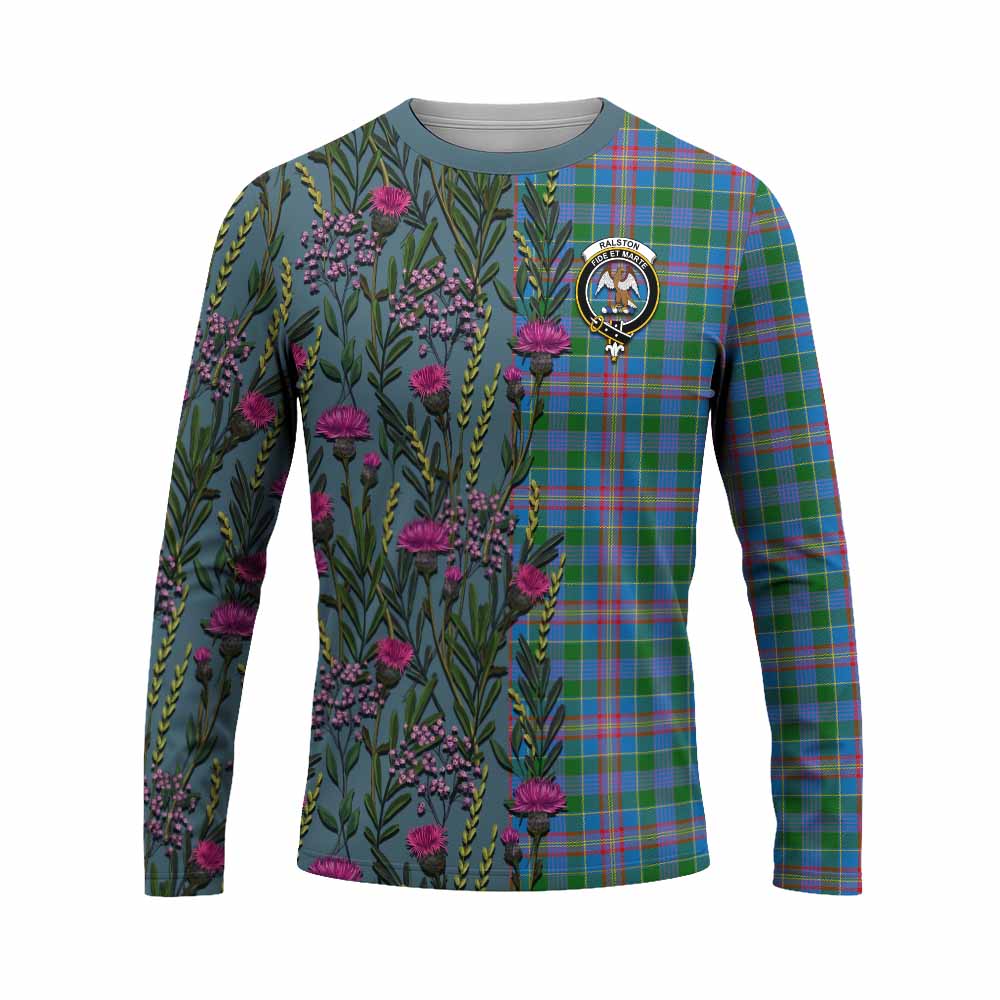 Ralston Family Crest Tartan Long Sleeve T-Shirt Scottish Thistle Flower Pattern Half Style - Tartan Vibes Clothing