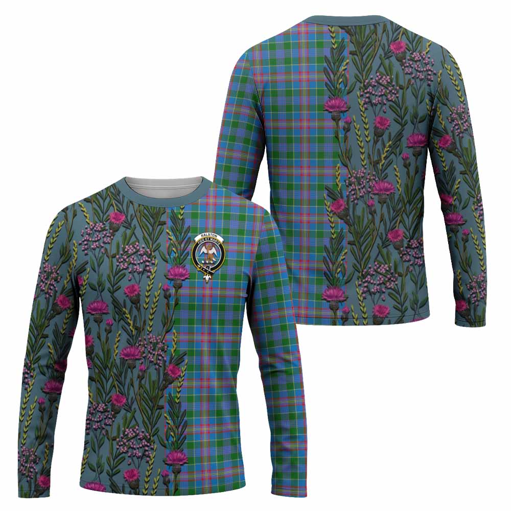 Ralston Family Crest Tartan Long Sleeve T-Shirt Scottish Thistle Flower Pattern Half Style - Tartan Vibes Clothing