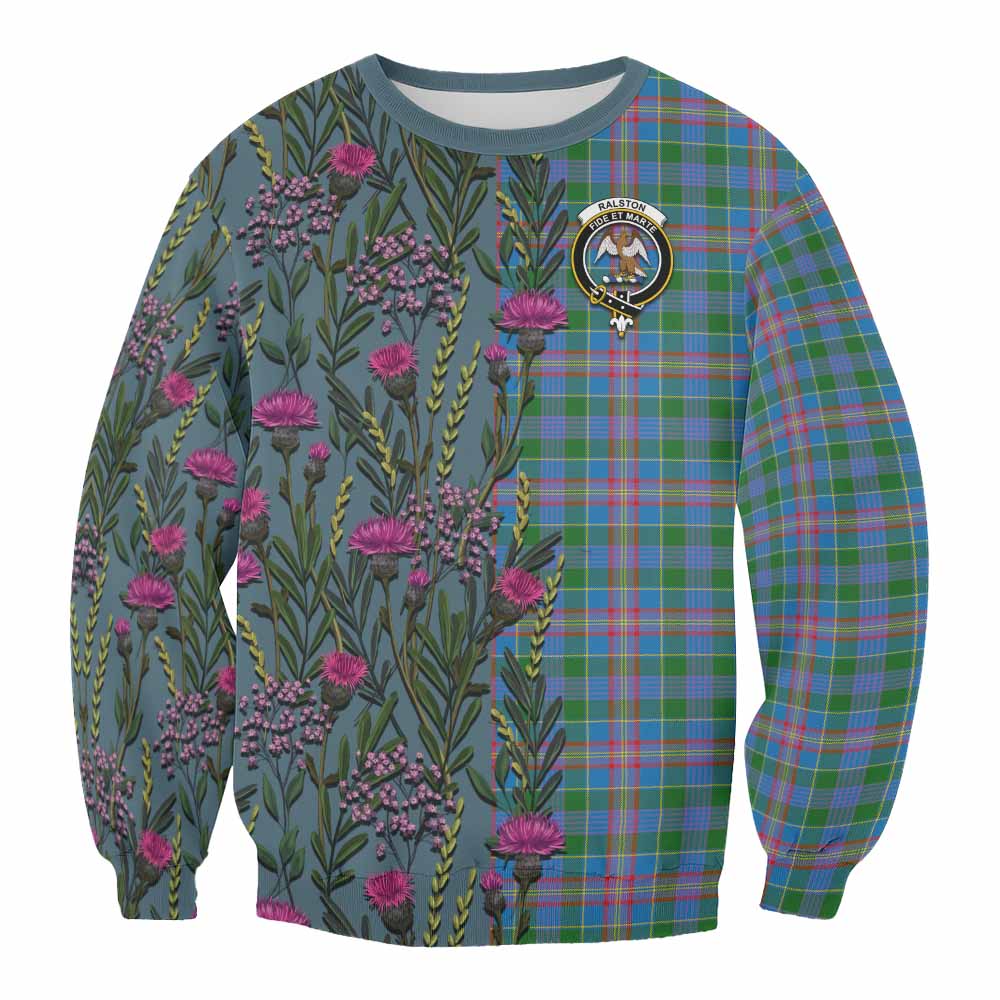 Ralston Family Crest Tartan Sweatshirt Scottish Thistle Flower Pattern Half Style - Tartan Vibes Clothing