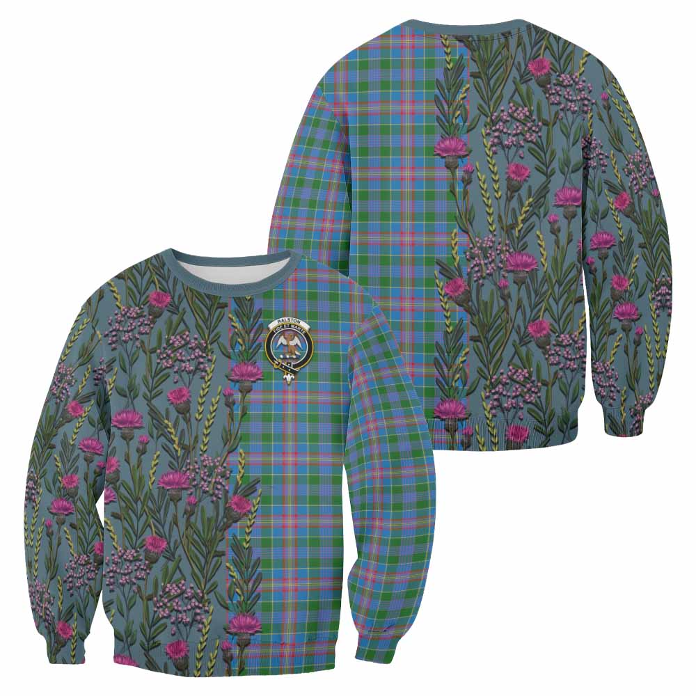 Ralston Family Crest Tartan Sweatshirt Scottish Thistle Flower Pattern Half Style - Tartan Vibes Clothing