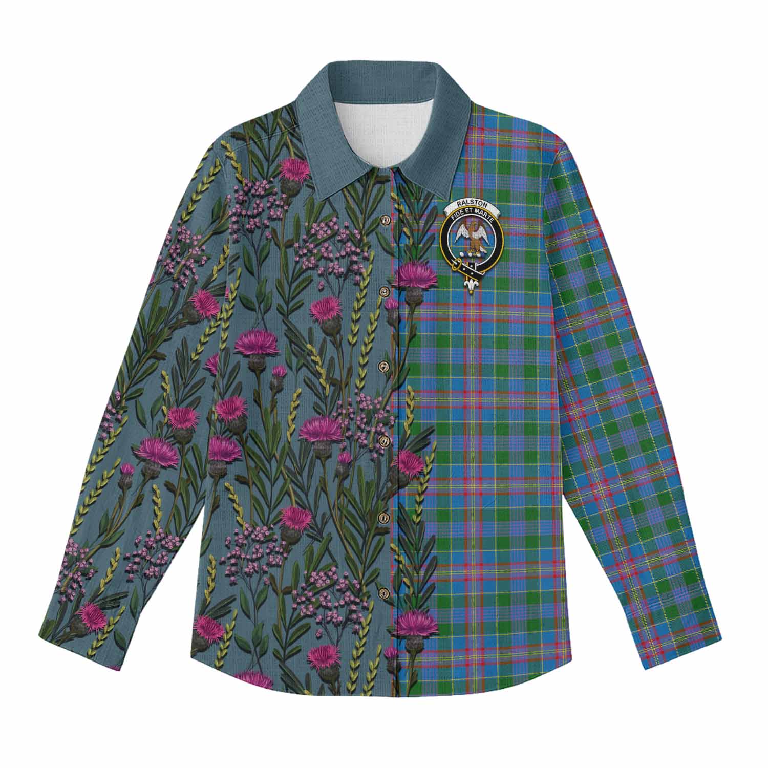 Ralston Family Crest Tartan Women Casual Shirt Scottish Thistle Flower Pattern Half Style - Tartan Vibes Clothing