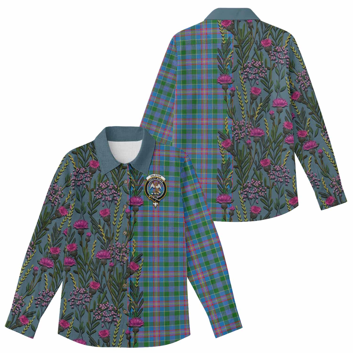 Ralston Family Crest Tartan Women Casual Shirt Scottish Thistle Flower Pattern Half Style - Tartan Vibes Clothing