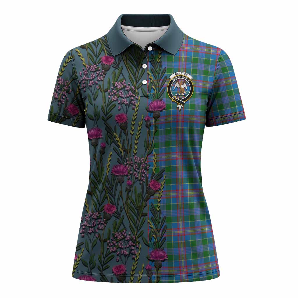Ralston Family Crest Tartan Women Polo Shirt Scottish Thistle Flower Pattern Half Style - Tartan Vibes Clothing