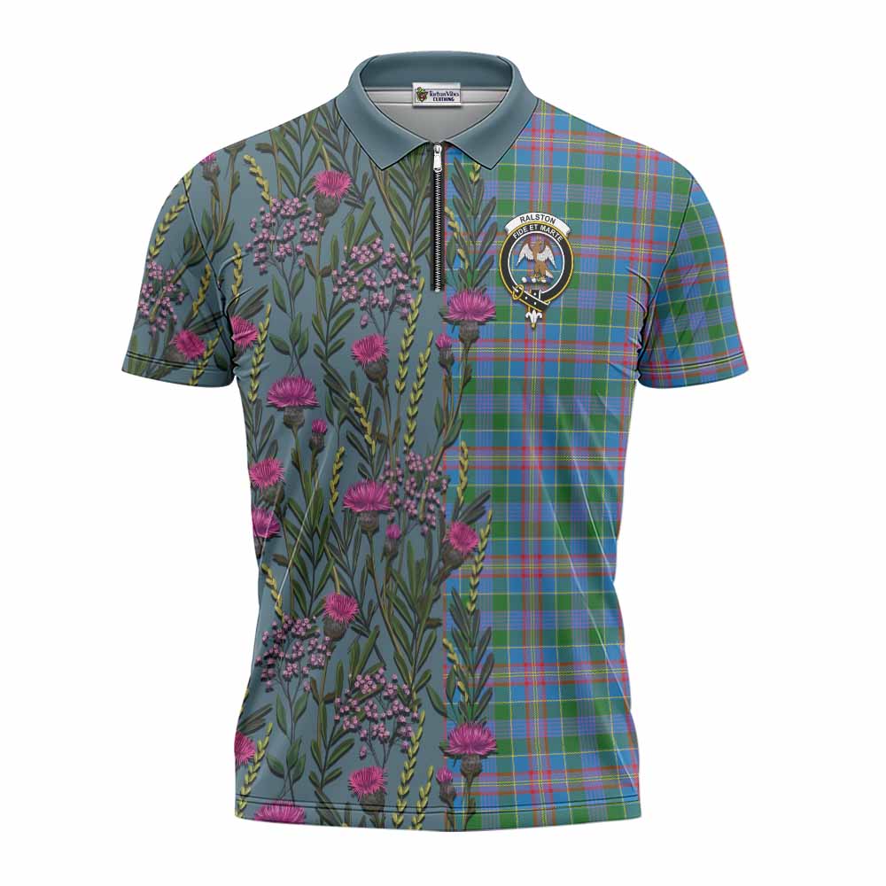 Ralston Family Crest Tartan Zipper Polo Shirt Scottish Thistle Flower Pattern Half Style - Tartan Vibes Clothing