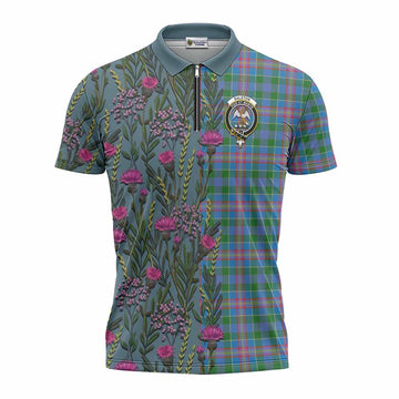 Ralston Family Crest Tartan Zipper Polo Shirt Scottish Thistle Flower Pattern Half Style