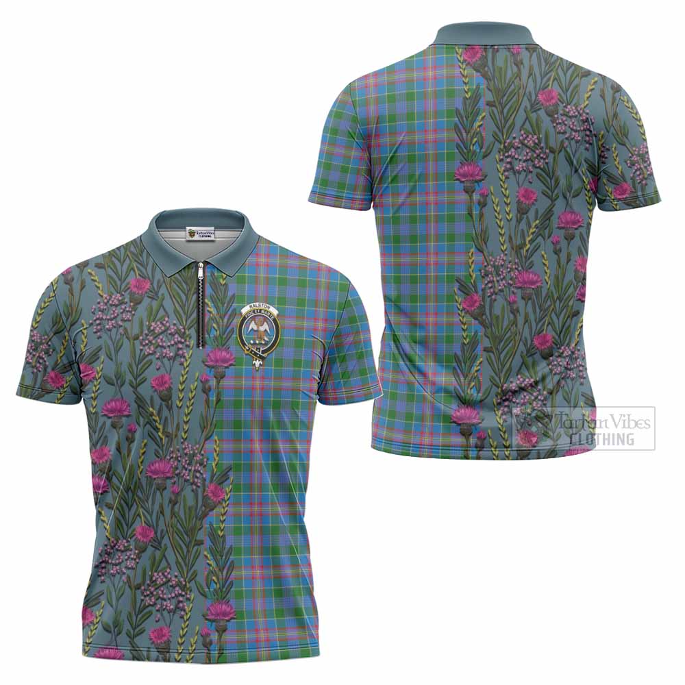 Ralston Family Crest Tartan Zipper Polo Shirt Scottish Thistle Flower Pattern Half Style - Tartan Vibes Clothing