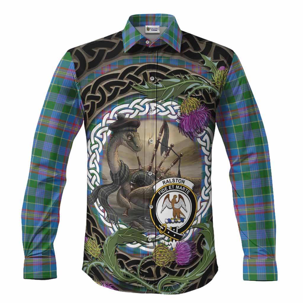 Ralston Tartan Crest Bagpipe Nessie Long Sleeve Button Shirts Scottish Loch Ness Monster Celtic Thistle