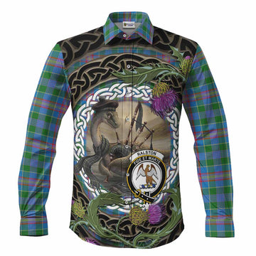 Ralston Tartan Crest Bagpipe Nessie Long Sleeve Button Shirts Scottish Loch Ness Monster Celtic Thistle