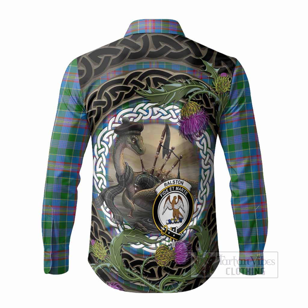 Ralston Tartan Crest Bagpipe Nessie Long Sleeve Button Shirts Scottish Loch Ness Monster Celtic Thistle
