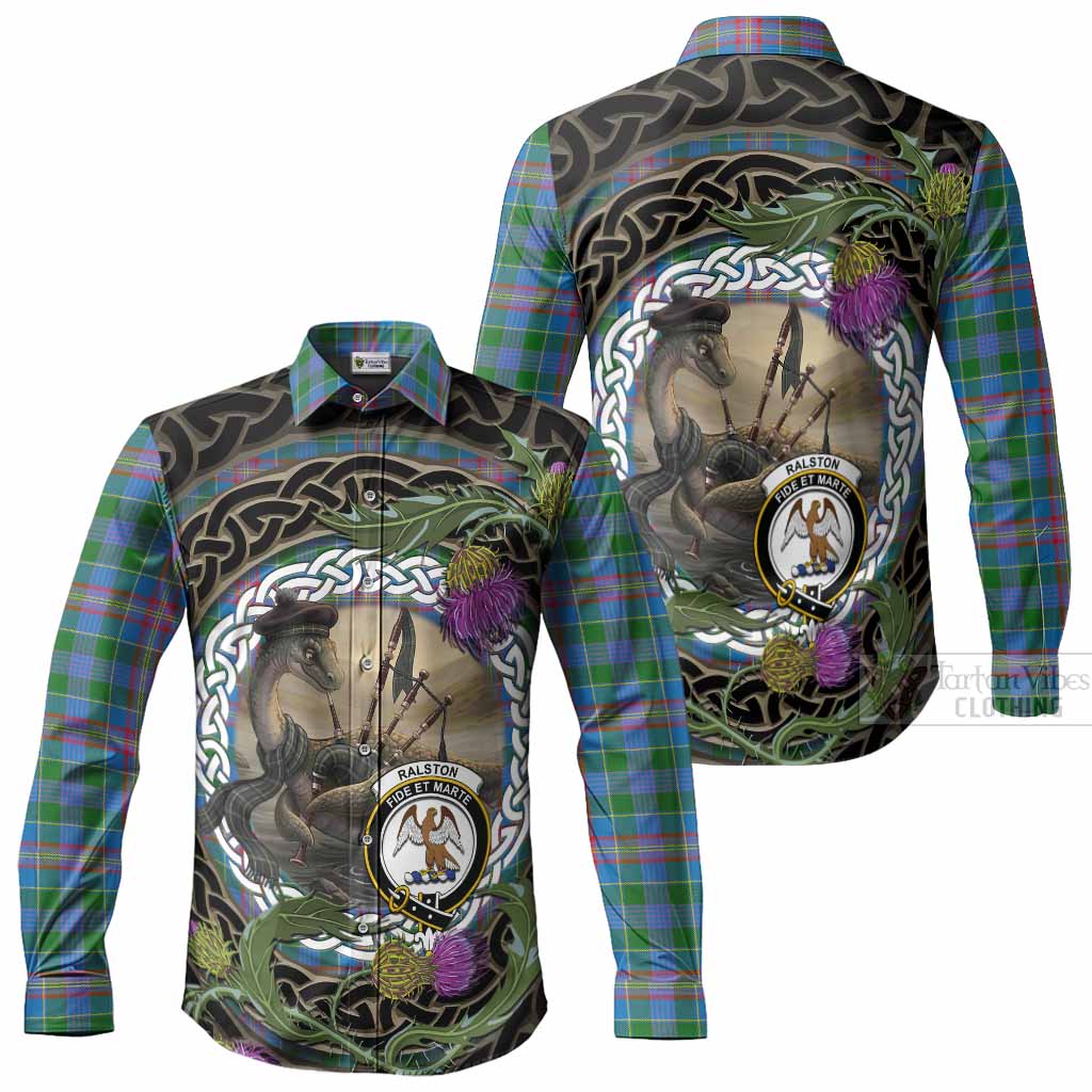 Ralston Tartan Crest Bagpipe Nessie Long Sleeve Button Shirts Scottish Loch Ness Monster Celtic Thistle