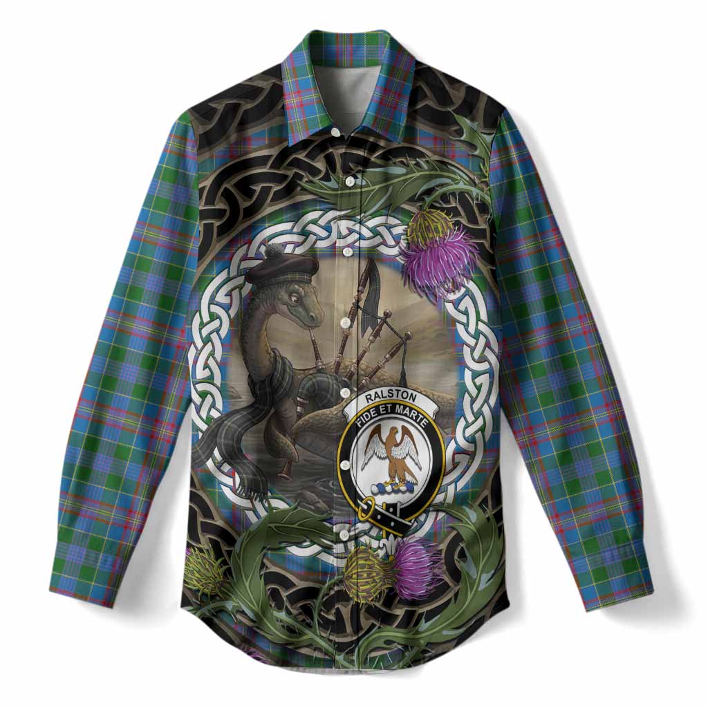 Ralston Tartan Crest Bagpipe Nessie Women Casual Shirt Scottish Loch Ness Monster Celtic Thistle